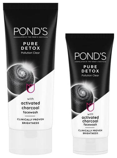 POND's Pure Detox Face Wash 200 g, Daily Exfoliating & Brightening Cleanser, Deep Cleans Oily Skin - With Activated Charcoal for Fresh, Glowing Skin & POND's Pure Detox Face Wash 100 g